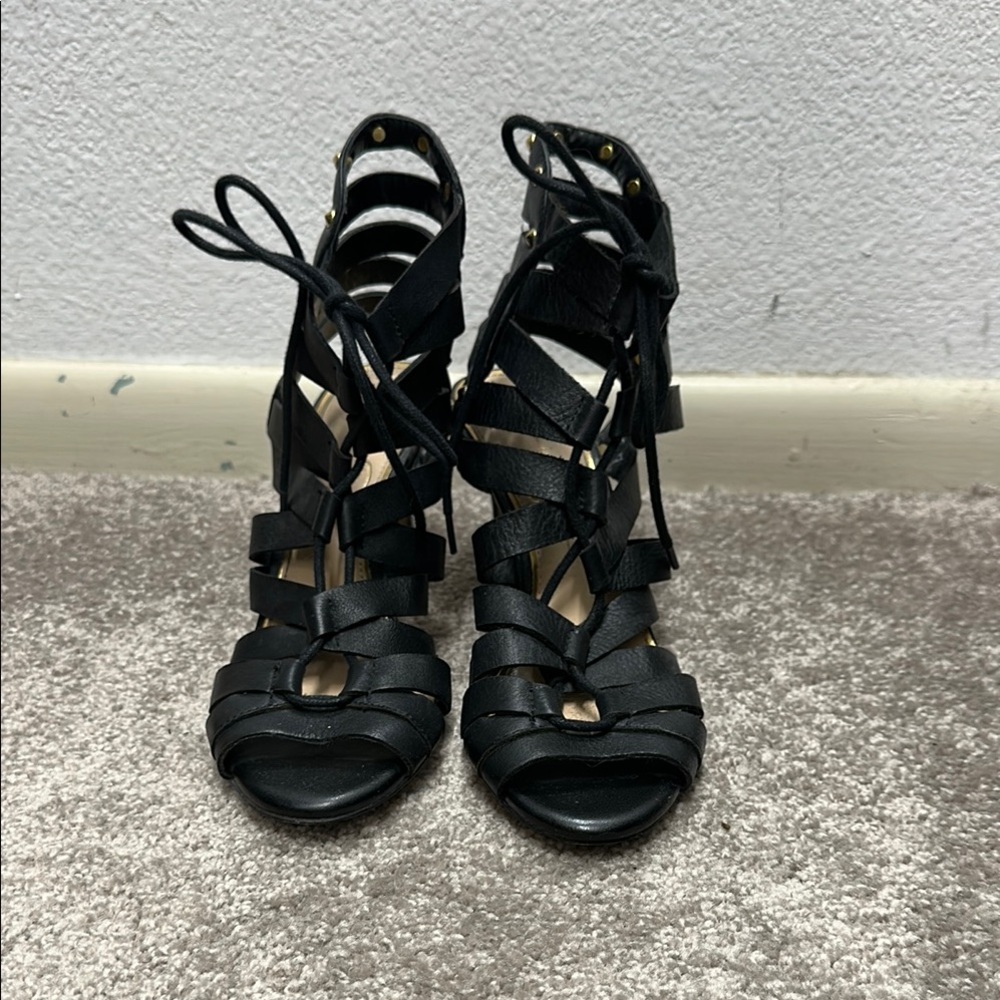 Black Strappy Lace-Up High Heel Sandals - Women